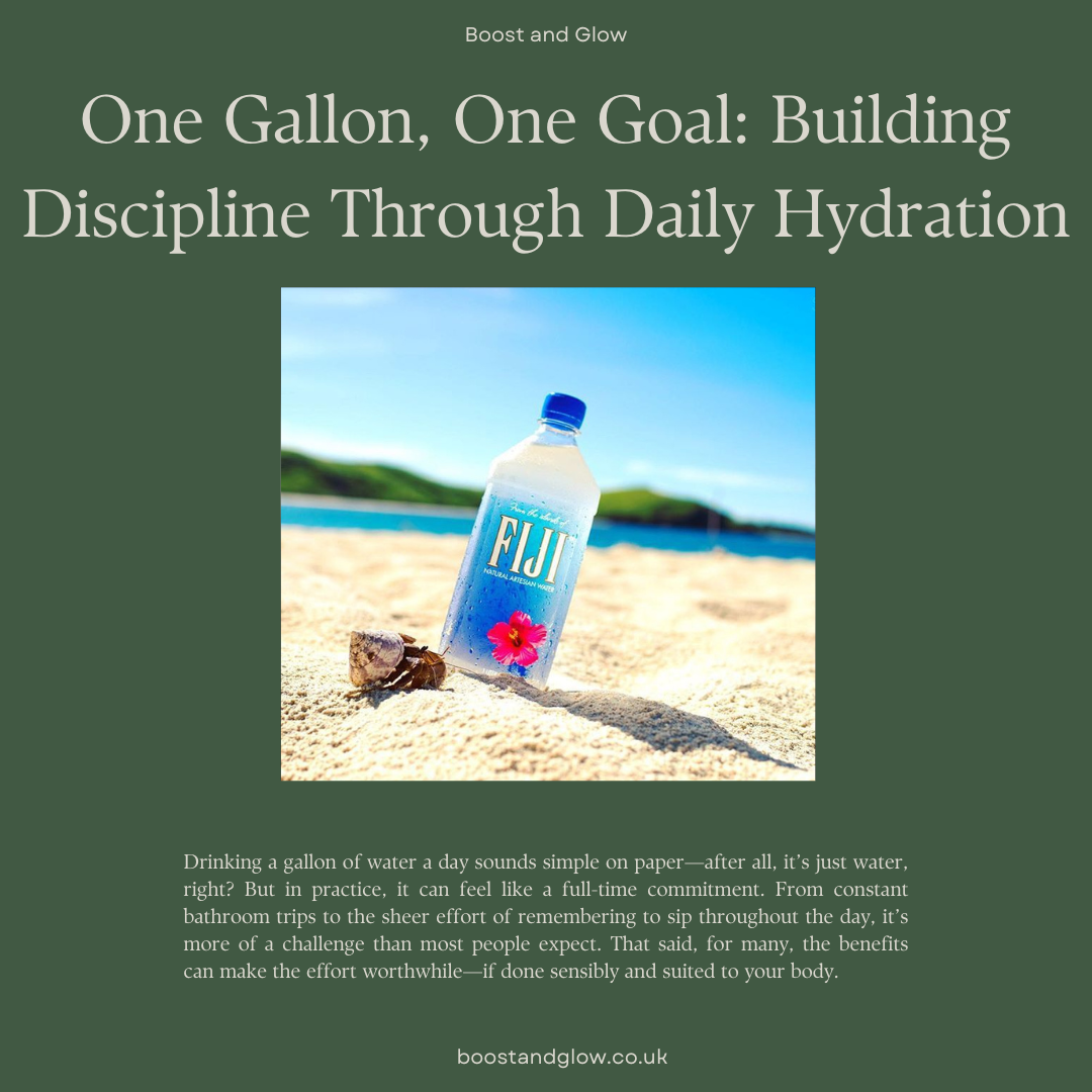Large water bottle with daily hydration milestone markers for drinking a gallon of water a day