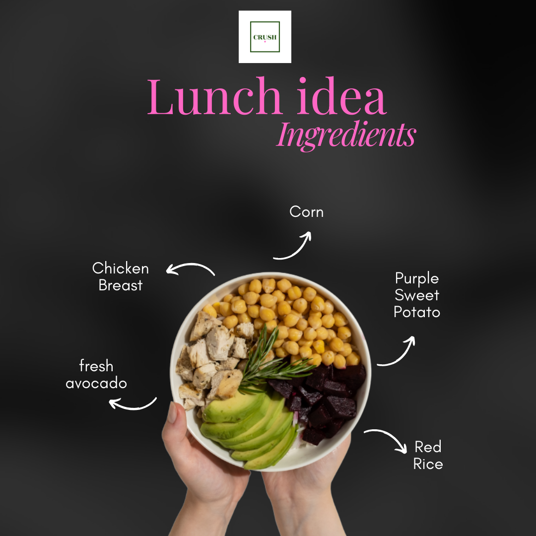 Colorful healthy lunch bowl with chicken, avocado, chickpeas, beets, purple sweet potato and red rice