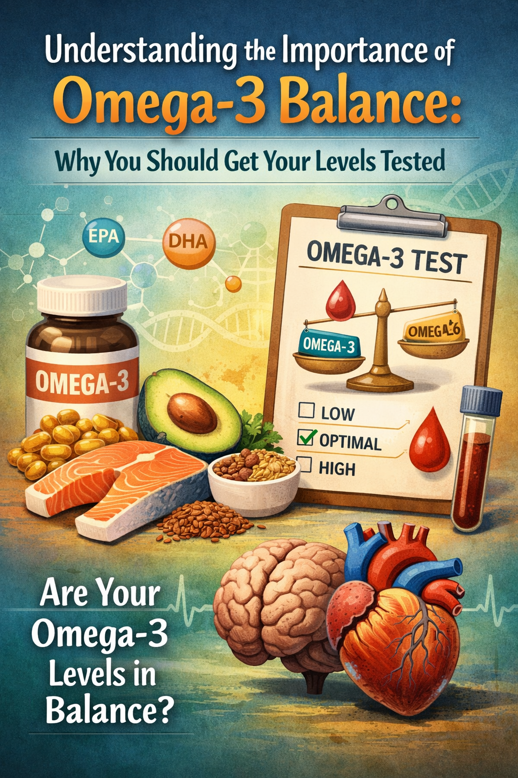 Infographic showing the importance of omega-3 to omega-6 balance and the benefits of omega testing