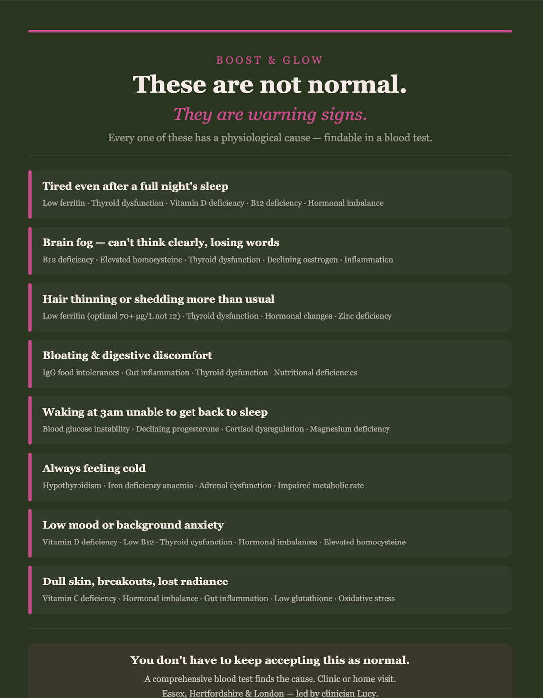 8 symptoms dismissed as normal that are actually warning signs — fatigue, brain fog, hair loss, bloating, 3am waking, feeling cold, low mood and dull skin — Boost & Glow clinician Lucy