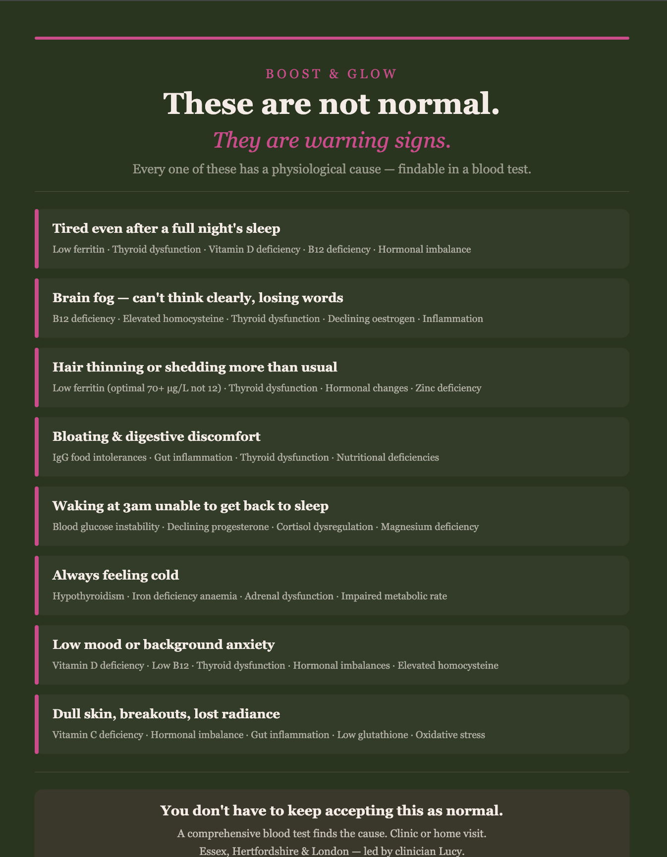 8 symptoms dismissed as normal that are actually warning signs — fatigue, brain fog, hair loss, bloating, 3am waking, feeling cold, low mood and dull skin — Boost & Glow clinician Lucy