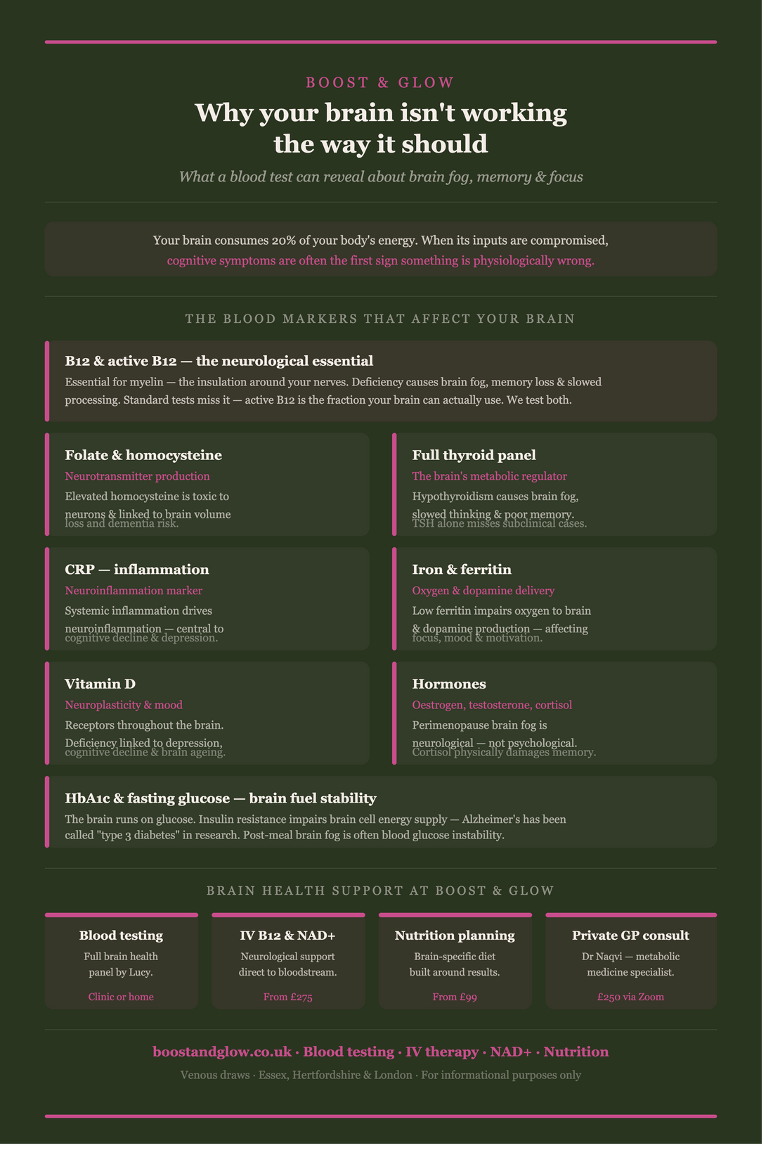 Download that. Here's your alt text: Alt text:  Brain health blood testing — markers affecting cognitive function including B12, folate, homocysteine, thyroid, CRP, iron, vitamin D, hormones and glucose — Boost & Glow