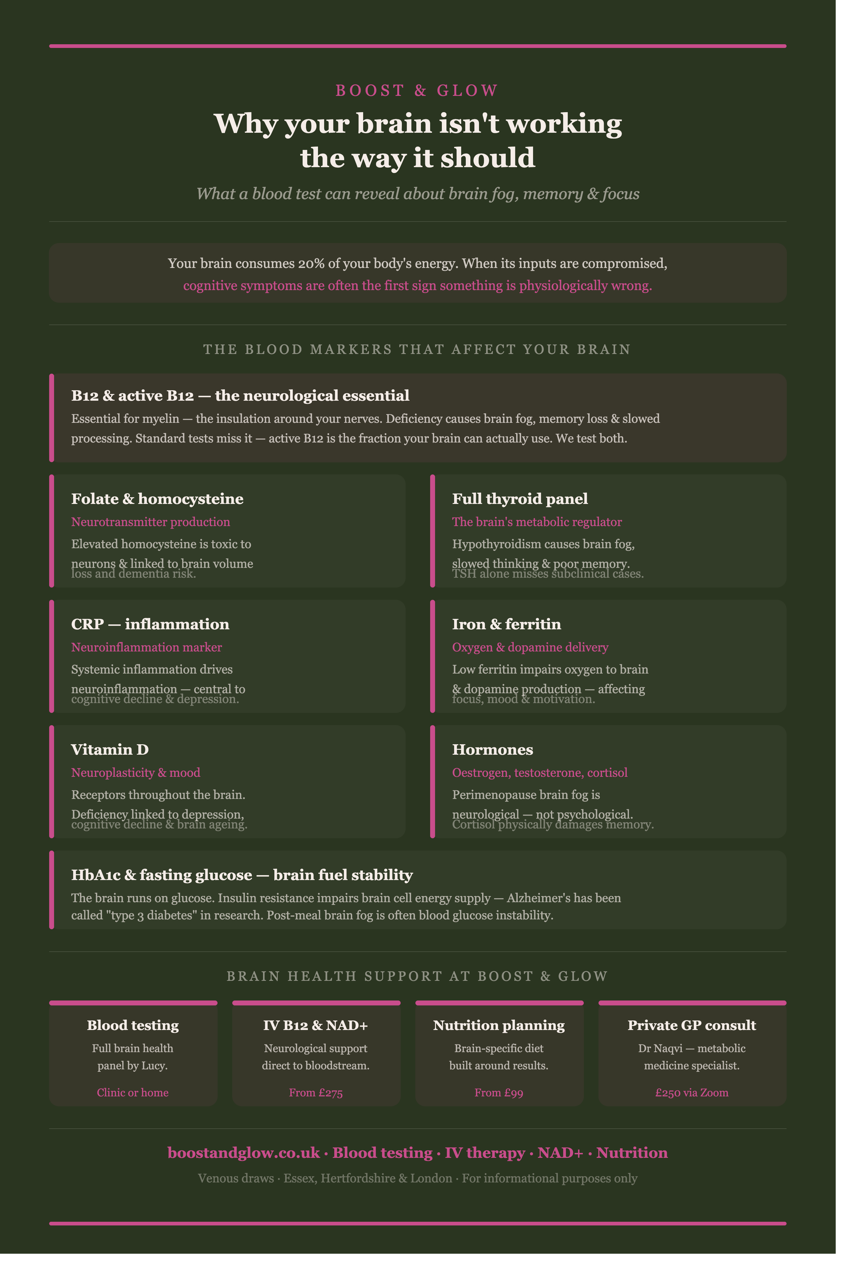 Download that. Here's your alt text: Alt text:  Brain health blood testing — markers affecting cognitive function including B12, folate, homocysteine, thyroid, CRP, iron, vitamin D, hormones and glucose — Boost & Glow