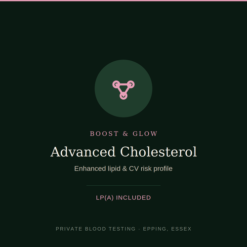 Advanced Cholesterol blood test — enhanced lipid screen and cardiovascular risk profile, Boost & Glow Epping Essex