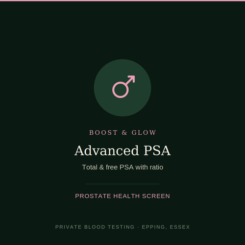 Advanced PSA prostate blood test — total and free PSA with ratio, Boost & Glow Epping Essex