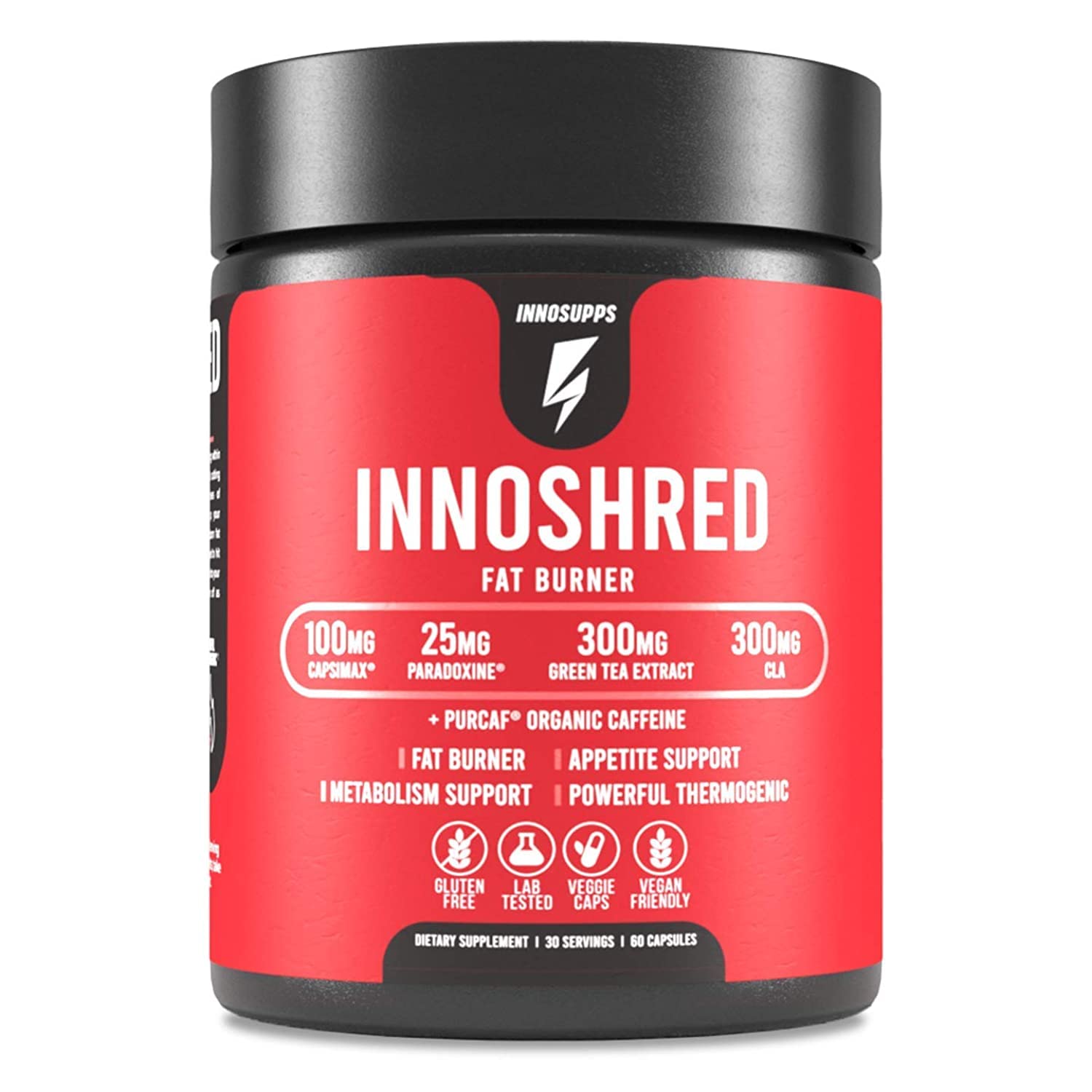 Inno Shred Fat Burner for Men & Women – Capsimax 100mg, Grains of Paradise, Organic Caffeine | 60 Veggie Capsules (Stimulant)