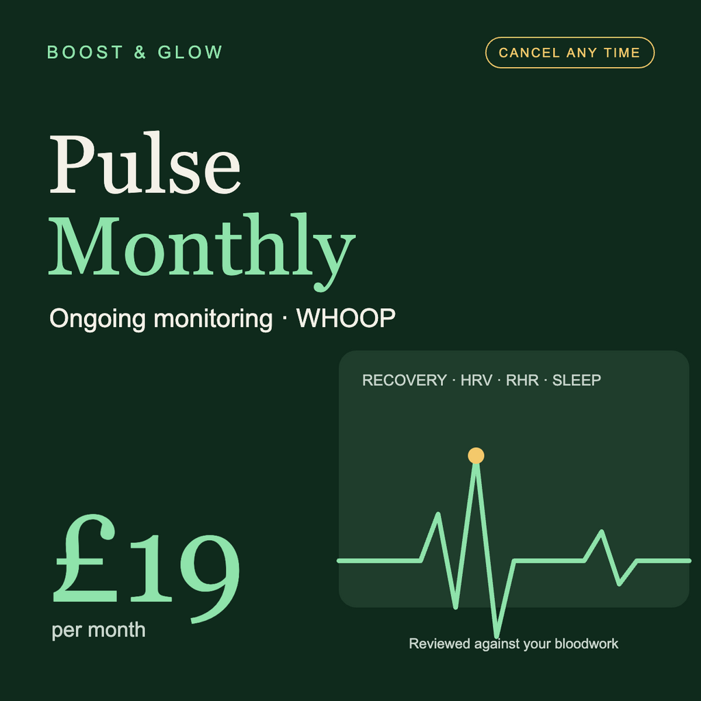 Boost & Glow Pulse Monthly (WHOOP) — WHOOP monitoring service overview, Boost & Glow Epping Essex