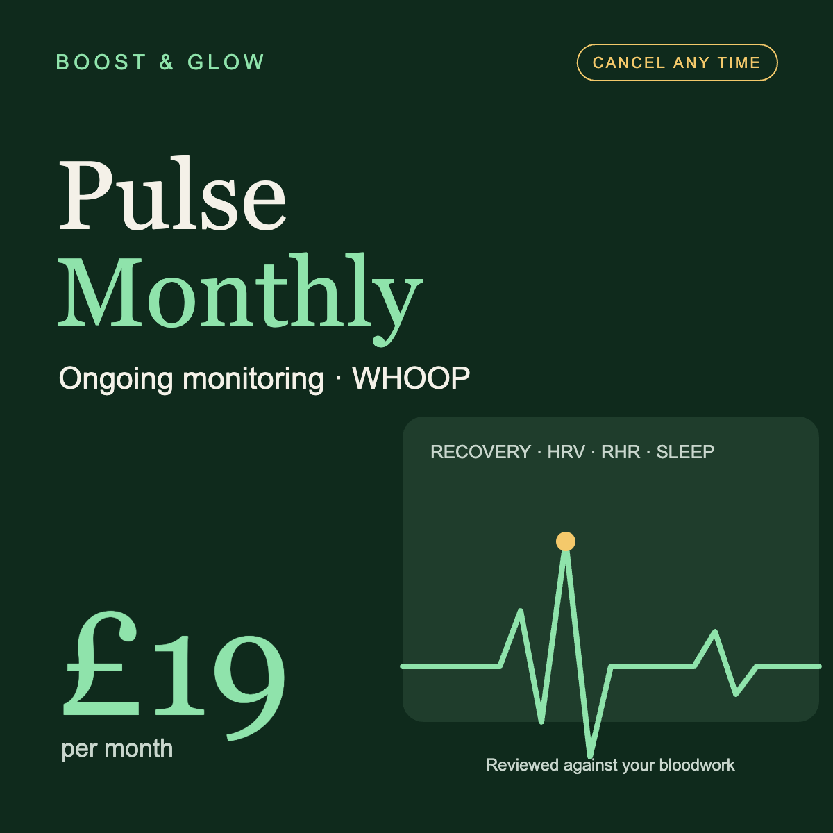 Boost & Glow Pulse Monthly (WHOOP) — WHOOP monitoring service overview, Boost & Glow Epping Essex