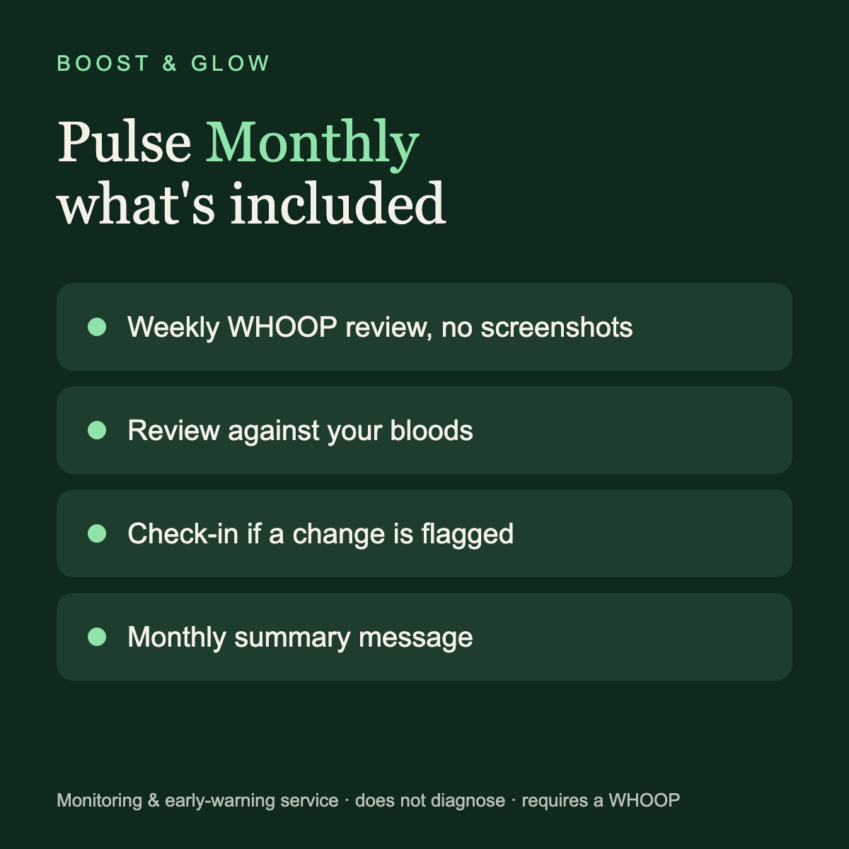 Boost & Glow Pulse Monthly (WHOOP) — what is included, Boost & Glow Epping Essex