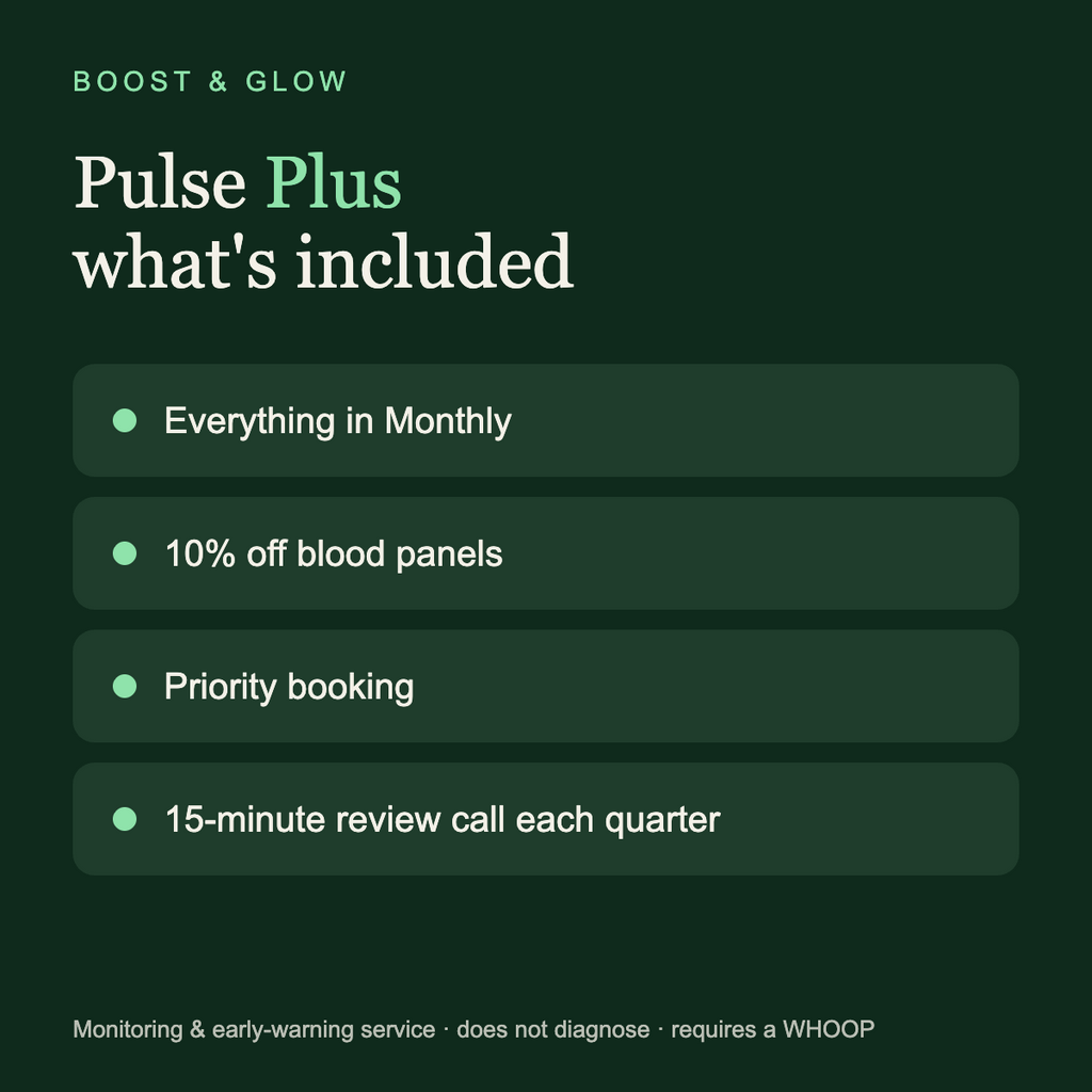 Boost & Glow Pulse Plus (WHOOP) — what is included, Boost & Glow Epping Essex