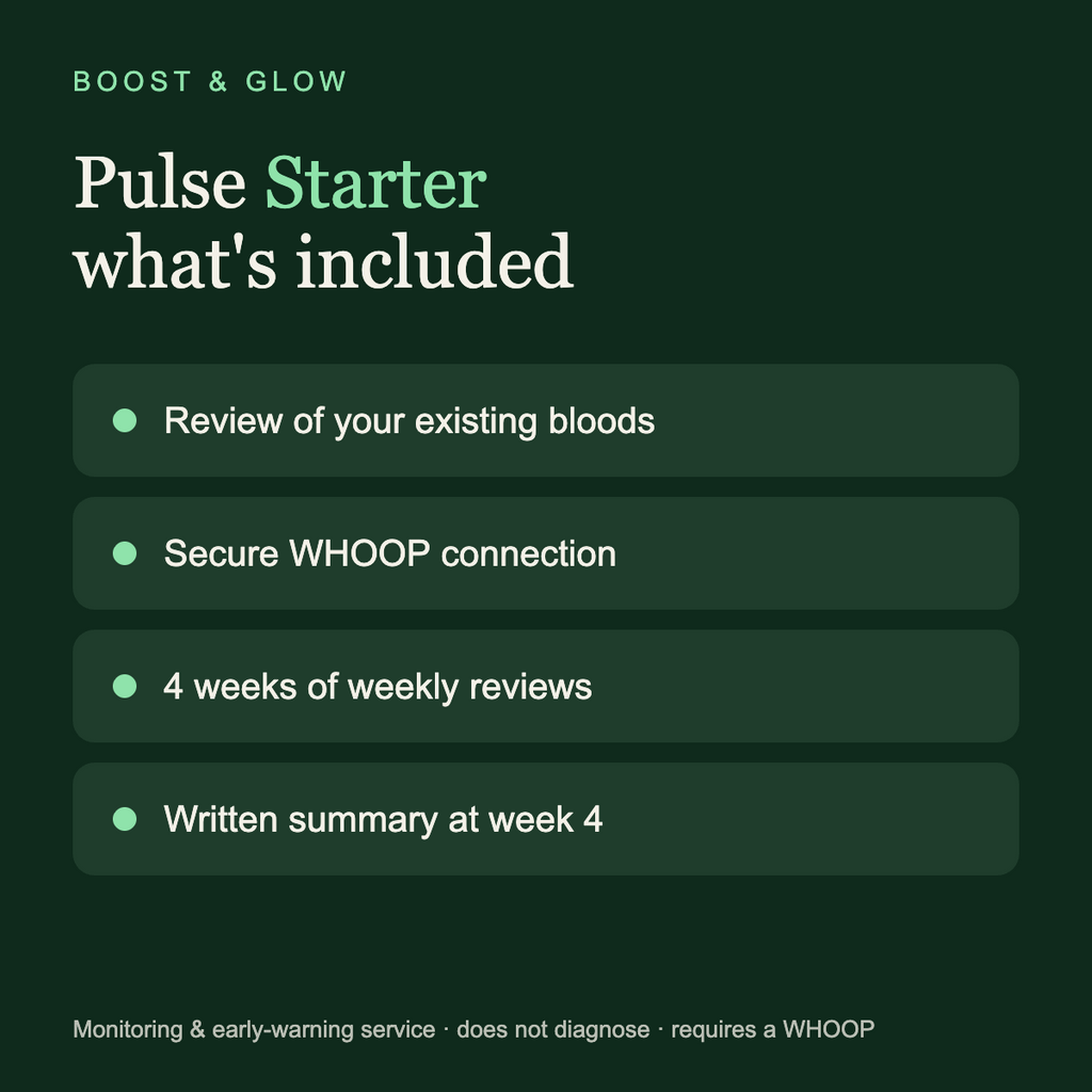 Boost & Glow Pulse Starter (WHOOP, 4 weeks) — what is included, Boost & Glow Epping Essex
